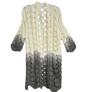 Venus Cardigan Sweater Women Cream Gray Ombre Chunky Open Knit Coastal Grandma M